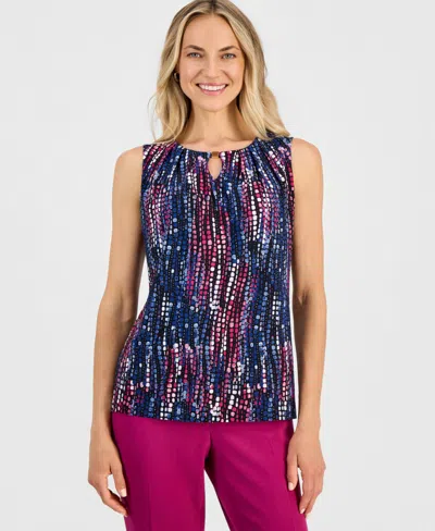 Kasper Women's Printed Pleat-neck Sleeveless Top In Cerise Multi