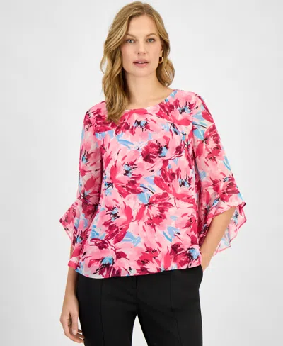 Kasper Women's Printed Ruffle-sleeve Blouse, Regular & Petite In Multi