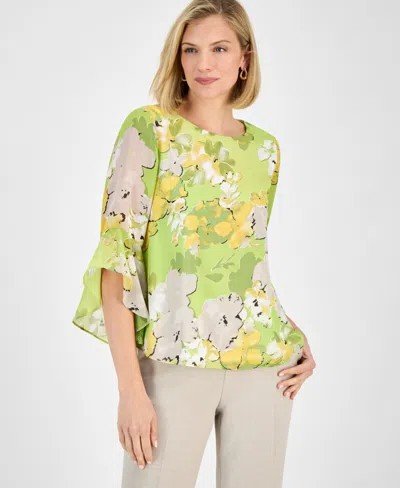 Kasper Women's Printed Ruffled Bell-sleeve Top In Kiwi Multi