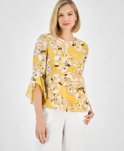 Kasper Women's Printed Ruffled Bell-sleeve Top, Regular & Petite In Butterscotch Multi