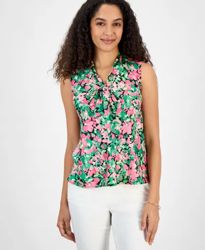 Kasper Women's Printed Satin Tie-neck Sleeveless Blouse In Black Multi
