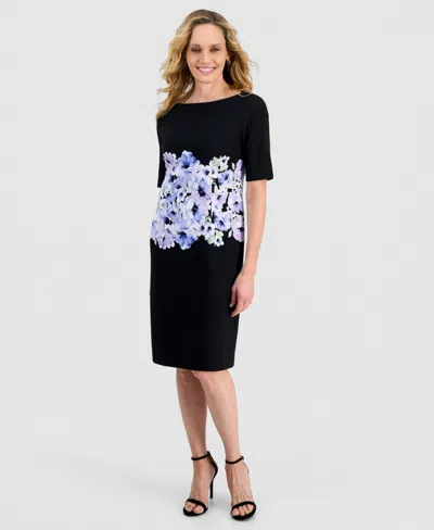 Kasper Women's Printed Scuba Crepe Elbow-sleeve Sheath Dress In Black