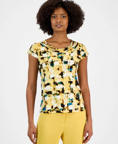 Kasper Women's Printed Short-sleeve Cowlneck Top In Yellow