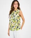 Kasper Plus Size Printed Keyhole-neck Sleeveless Top In Lily White Multi