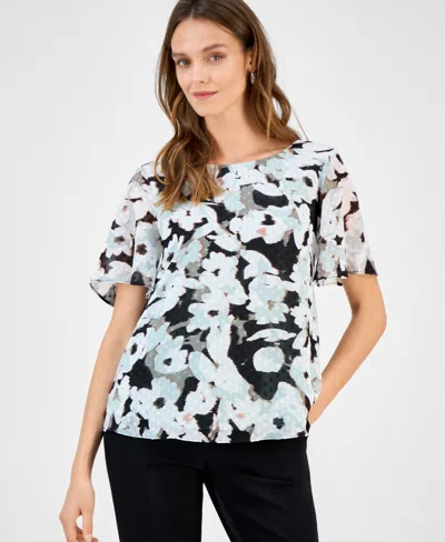 Kasper Women's Printed Swiss Dot Flutter-sleeve Blouse