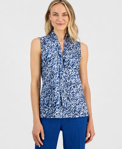 Kasper Women's Printed Tie-neck Sleeveless Blouse In Blue