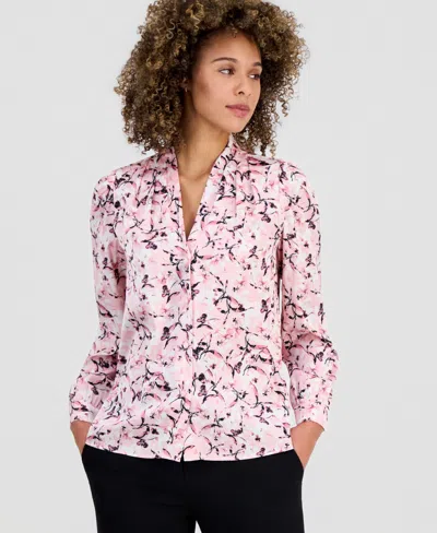 Kasper Women's Printed V-neck Button-front Blouse In Pink