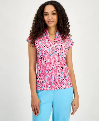 Kasper Women's Printed V-neck Cap-sleeve Blouse, Regular & Petite In Pink