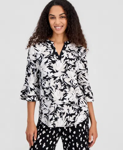 Kasper Women's Printed V-neck Elbow-sleeve Top In Black
