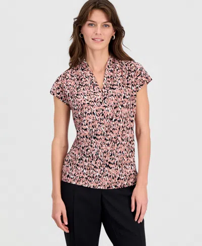Kasper Abstract Print Funnel Neck Knit Top In Pink