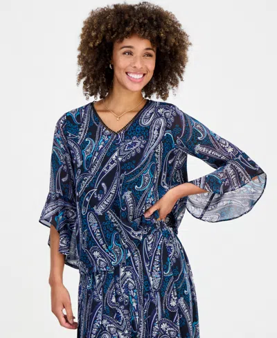 Kasper Women's Printed V-neck Ruffle-sleeve Blouse In Black Multi