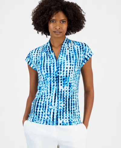 Kasper Women's Printed V-neck Short-sleeve Top In Blue