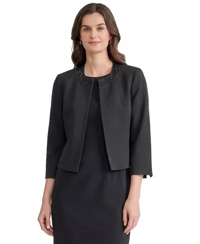 Kasper Women's Rhinestone-embellished Open-front 3/4-sleeve Cardigan In Black