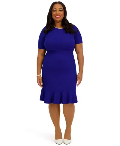 Kasper Women's Round Neck Knee Length Ruffle Skirt Dress, Regular And Plus Size In Blue