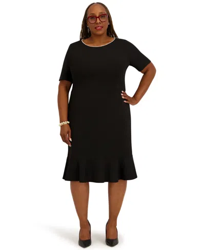 Kasper Women's Round Neck Knee Length Ruffle Skirt Dress, Regular And Plus Size In Black