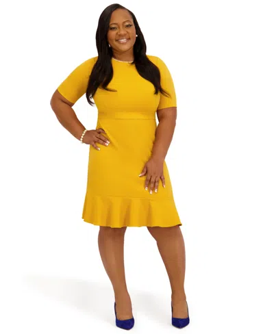 Kasper Women's Round Neck Knee Length Ruffle Skirt Dress, Regular And Plus Size In Yellow