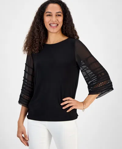 Kasper Women's Round-neck Pleated Bell-sleeve Top In Black