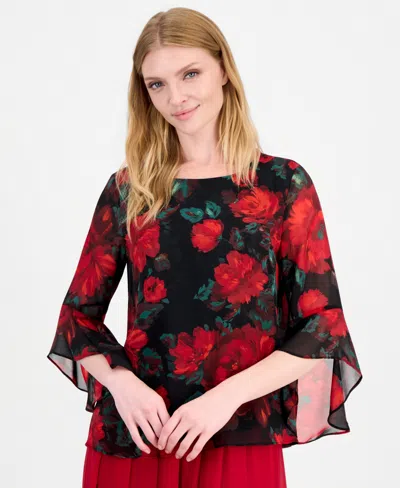 Kasper Women's Ruffle 3/4-sleeve Boat Neck Floral Blouse In Multi