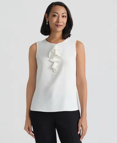 KASPER WOMEN'S RUFFLE FRONT SLEEVELESS JEWEL NECK BLOUSE