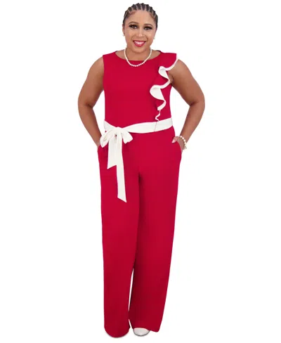 Kasper Women's Ruffle-shoulder Sleeveless Jumpsuit In Crimson