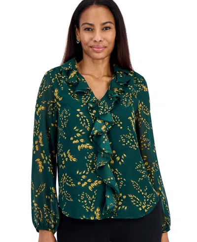 Kasper Womens Ruffle V Neck Long Sleeve Blouse In Green