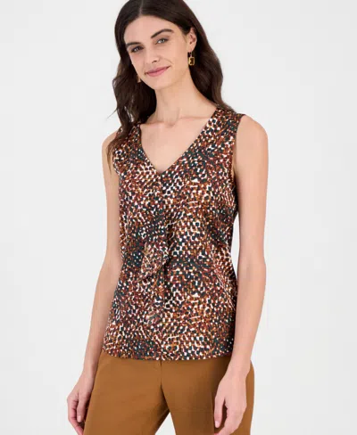 Kasper Women's Ruffle-front Allover Print Sleeveless Blouse In Brown