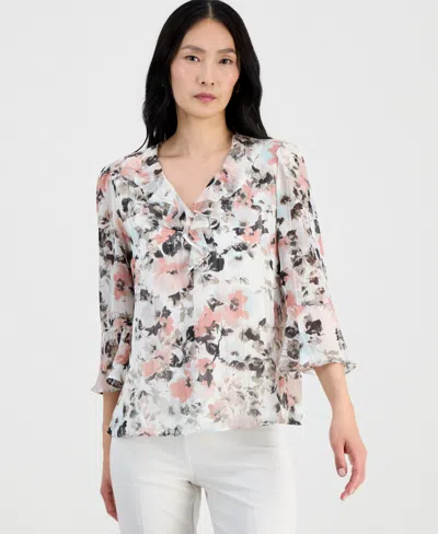 Kasper Women's Ruffle-front V-neck Blouse In Multi