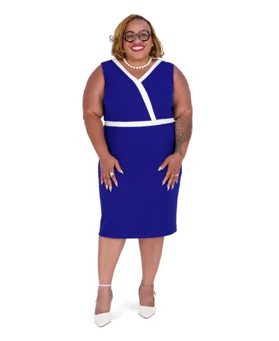 Kasper Women's Scuba Crepe V-neck Sheath Dress With Colorblocked Trim In Blue