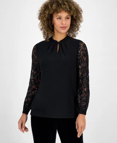 Kasper Women's Sequin-lace-sleeve Keyhole-neck Top In Black