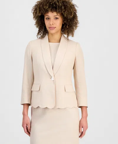 Kasper Womens Scalloped Hem Shawl Collar Jacket Scalloped Hem Sheath Dress In Neutral