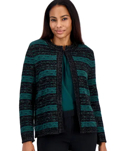Kasper Women's Shiny Texture Stitch Collarless Cardigan In Evergreen,black