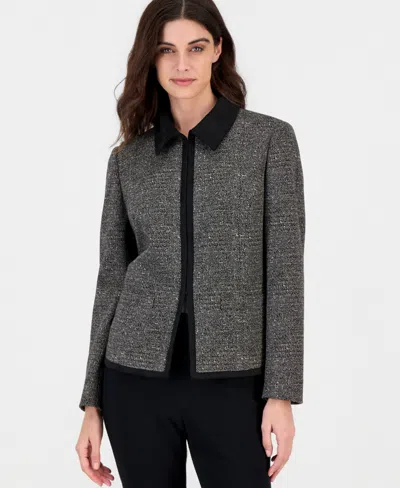 Kasper Women's Shoulder-padded Cardigan With Contrast Combo Binding In Black Multi