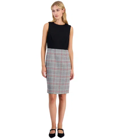 Kasper Women's Sleeveless Compression Plaid Princess Seam Sheath Dress In Black