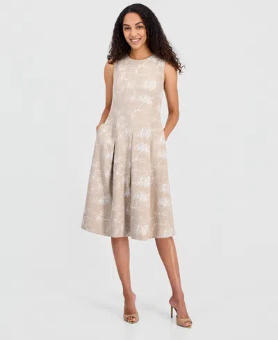 Kasper Women's Sleeveless Floral Embroidered Linen Fit & Flare Dress, Regular & Petite In Straw Melange,white