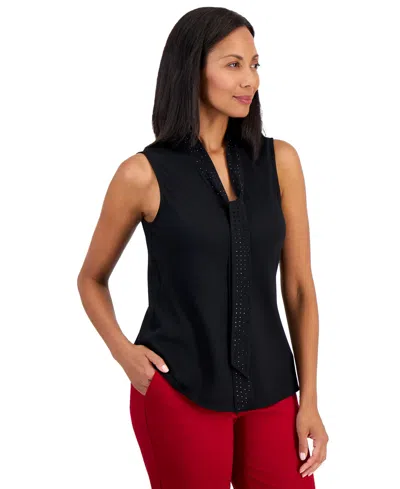 Kasper Women's Sleeveless Georgette Tie Neck Embellished Blouse In Black