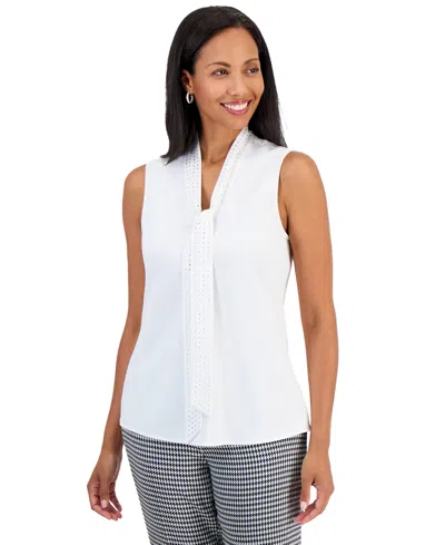 Kasper Women's Sleeveless Georgette Tie Neck Embellished Blouse In White
