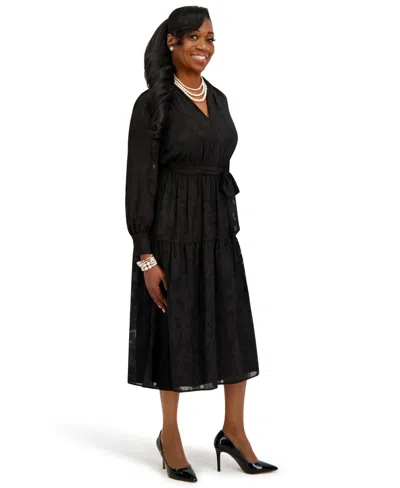 Kasper Women's Soft V-neck Tiered Midi Dress In Black