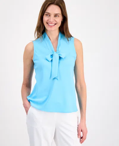 Kasper Women's Solid Sleeveless Tie-neck Blouse, Regular & Petite In Blue
