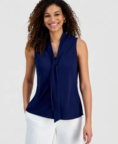 Kasper Women's Solid Sleeveless Tie-neck Blouse, Regular & Petite In Blue