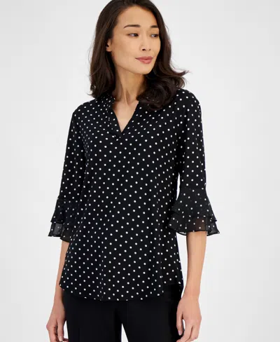 Kasper Women's Split-neck Polka-dot Flutter Sleeve Top In Black,vanilla Ice