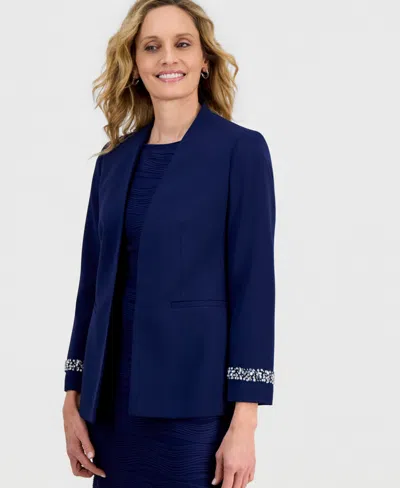 Kasper Women's Stretch Crepe Collarless Embellished Bracelet-sleeve Jacket In Blue