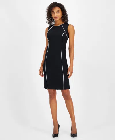 Kasper Women's Petite Stretch-crepe Contrast-piping Sheath Dress In Black,vanilla Ice