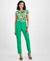 Kasper Womens Notched Collar Two Button Jacket Printed Cap Sleeve Cowlneck Top Stretch Crepe Straight Leg P In Green