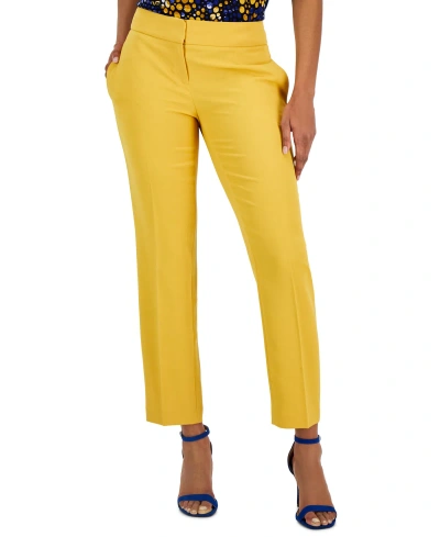 Kasper Petite Linen-blend Mid Rise Straight-leg Zip-front Pants In Gold Signature