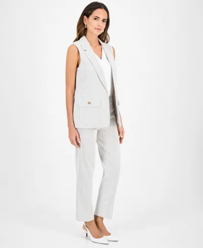 Kasper Womens Pinstriped Vest V Neck Top Pinstriped Pants In Lily White,black