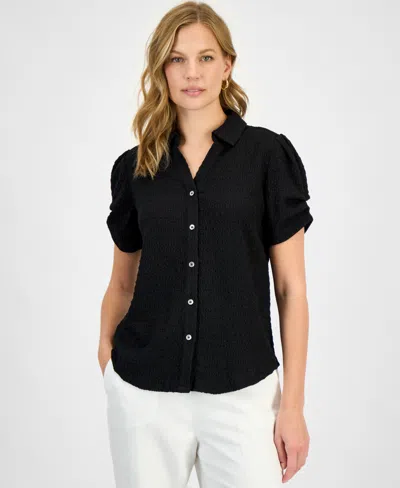 Kasper Women's Textured Collared Button-front Blouse In Black