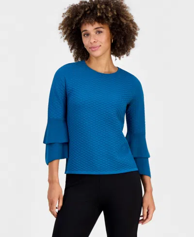 Kasper Women's Textured Knit Flared-cuff 3/4-sleeve Top In Blue