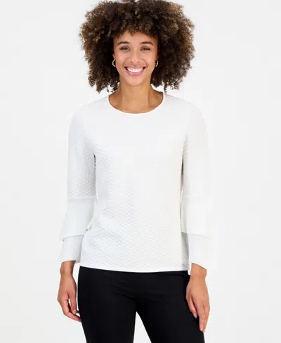 Kasper Women's Textured Knit Flared-cuff 3/4-sleeve Top In White