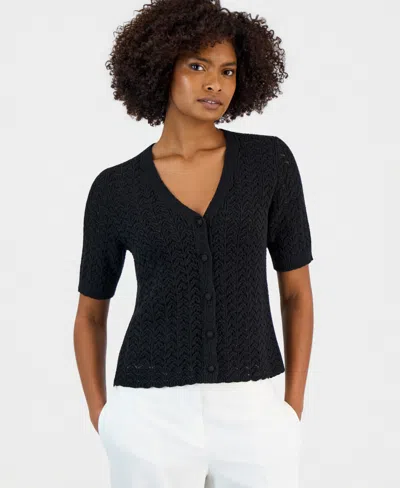 Kasper Women's Textured Stitch Short-sleeve Cardigan Sweater, Regular & Petite In Black