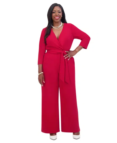 Kasper Women's Tie-waist 3/4-sleeve Wide-leg Jumpsuit In Crimson